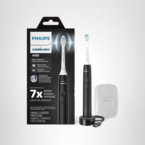 Philips Sonicare 4100 Rechargeable Electric Toothbrush, with Pressure Sensor, 2 Intensity Settings, SmarTimer and QuadPacer, 14-Day Battery Life, White, Model HX3681/23
