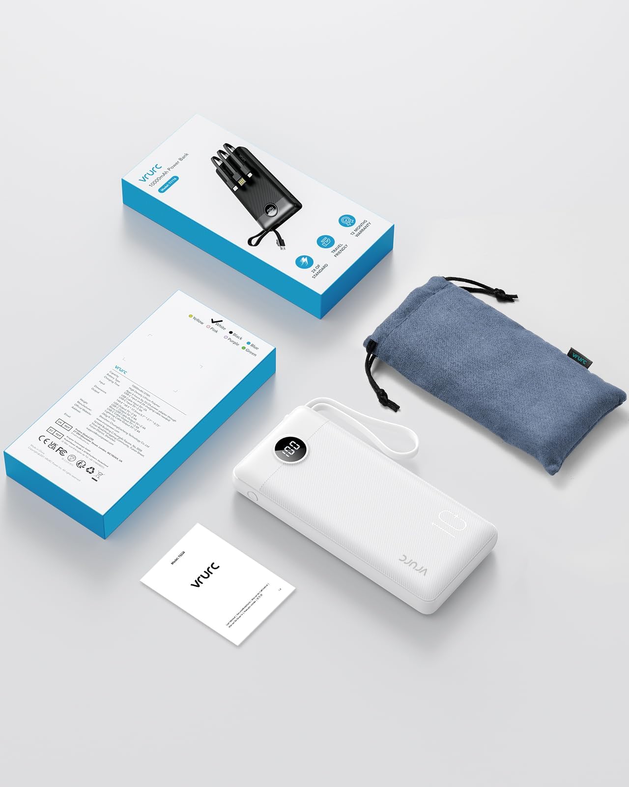 VRURC Portable Charger Power Bank, 10000mAh Travel Essentials Battery Pack, 5 Outputs 2 Inputs Slim Charing Bank Built-in Cables Cords Wires Compatible with iPhone,Samsung,Android-White(1 Pack)