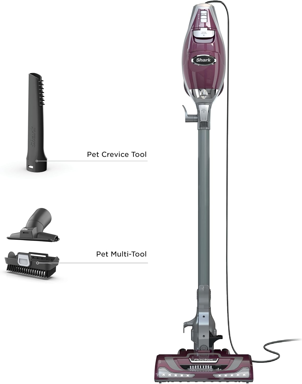 Shark HV322 Rocket Pet Plus Corded Stick Vacuum with LED Headlights, XL Dust Cup, Lightweight, Perfect for Pet Hair Pickup, Converts to a Hand Vacuum, with (2) Pet Attachments, Bordeaux/Silver