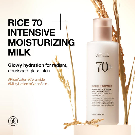 ANUA Rice 70 Intensive Moisturizing Milk, Lotion for Deep Hydration and Nourishing, Glowy Glass Skin, Rice Water, Niacinamide, Ceramides, Lightweight, Korean Skincare, 150ml/ 5.07 fl.oz.