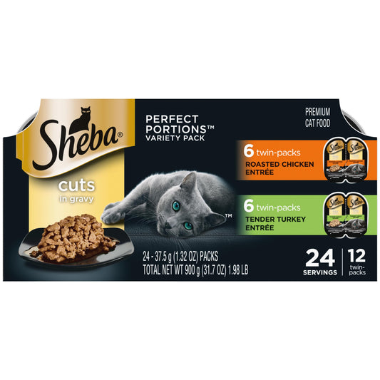 Sheba Perfect Portions Wet Cat Food Cuts in Gravy, Roasted Chicken Entree, with Sustainable Salmon, Tender Turkey Entree, 2.6 oz. Twin-Pack Trays (24 Count, 48 Servings)