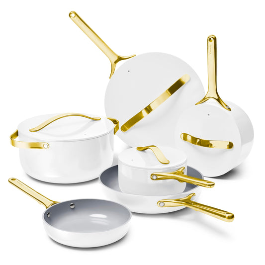 Caraway Deluxe Non-stick Ceramic Cookware Set (16 Piece) Pots, Frying Pans, Lids and Kitchen Storage - PFAS & PFOA Free - Oven Safe Pan Set & Compatible with All Stovetops - Cream