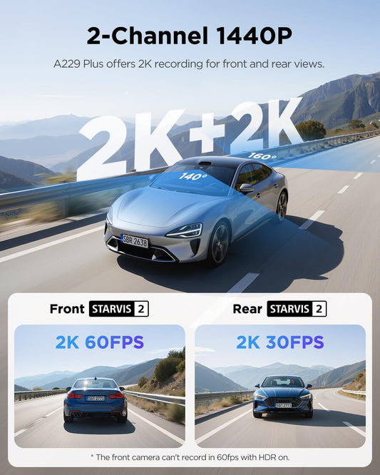 VIOFO A229 Plus Dash Cam Front and Rear, Dual STARVIS 2 Sensors, 2 Channel HDR, 1440P+1440P Voice Control Car Dash Camera, 5GHz Wi-Fi, Support 512GB Max, Voice Control, Ultra-Precise GPS