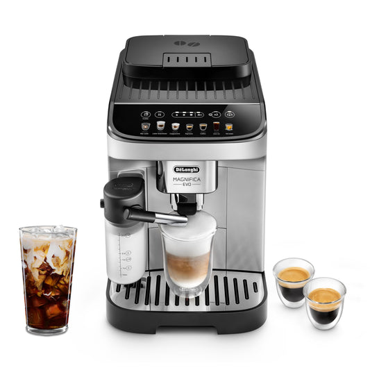De'Longhi Magnifica Plus Fully Automatic Espresso Machine - Brew 18+ One Touch Coffee Recipes for up to 4 User Profiles, Automatic Milk Steam Wand & Built-in Grinder, Touchscreen Display