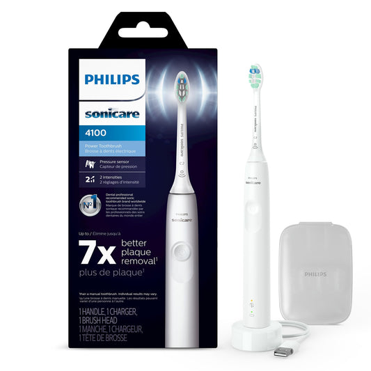 Philips Sonicare 4100 Rechargeable Electric Toothbrush, with Pressure Sensor, 2 Intensity Settings, SmarTimer and QuadPacer, 14-Day Battery Life, White, Model HX3681/23