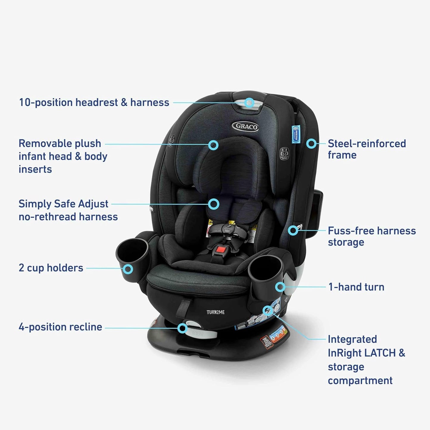 Graco Turn2Me 3-in-1 Rotating Convertible Car Seat, Cambridge, Rear-Facing Rotation, Forward-Facing Mode, Highback Booster Up to 100 lbs, Adjustable Headrest & Harness, Steel Reinforced Frame