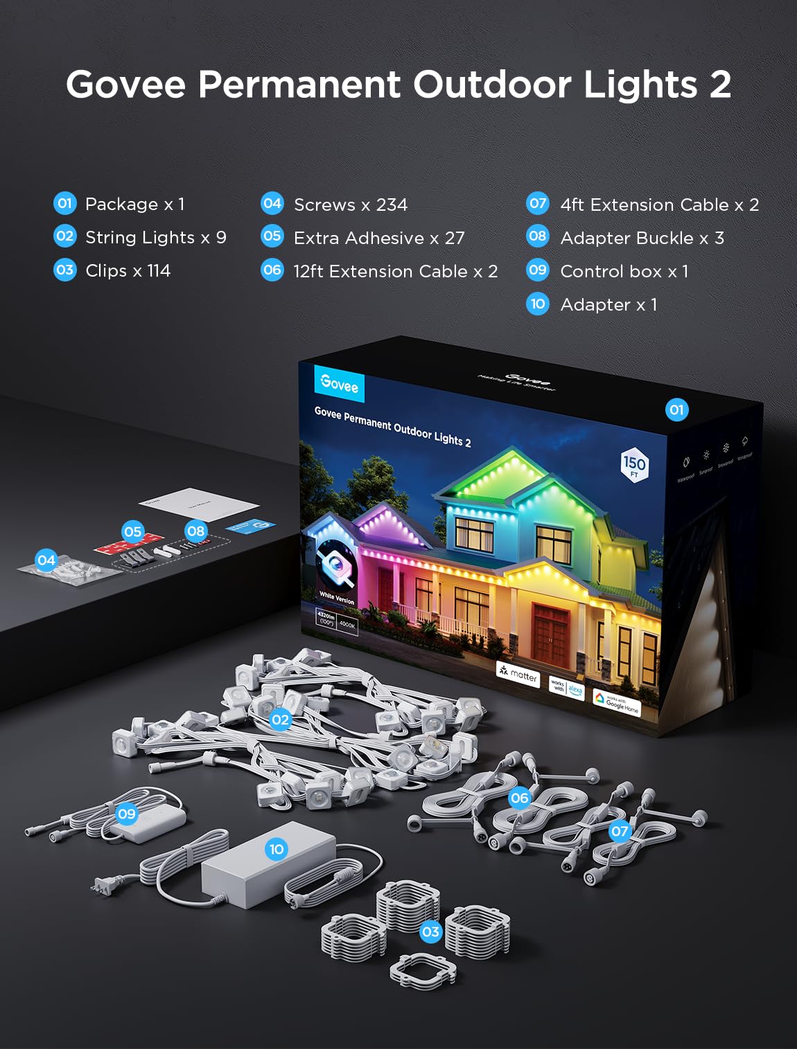 Govee Permanent Outdoor Lights 2, 150ft RGBIC Outdoor Lights with 108 LED Lights, IP67 Waterproof, 100 Scene Modes with 40lm White for Outdoor Decorations, Works with Alexa, Google Assistant, White