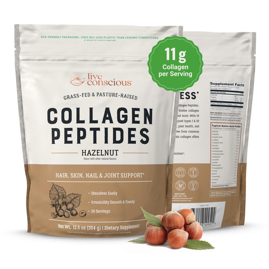 Live Conscious Collagen Peptides Powder - Naturally-Sourced Hydrolyzed Collagen Powder - Hair, Skin, Nail, and Joint Support - Type I & III Grass-Fed Collagen Supplements for Women and Men - 16oz