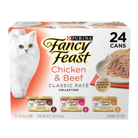 Fancy Feast Poultry and Beef Feast Classic Pate Collection Grain Free Wet Cat Food Variety Pack - (Pack of 30) 3 oz. Cans