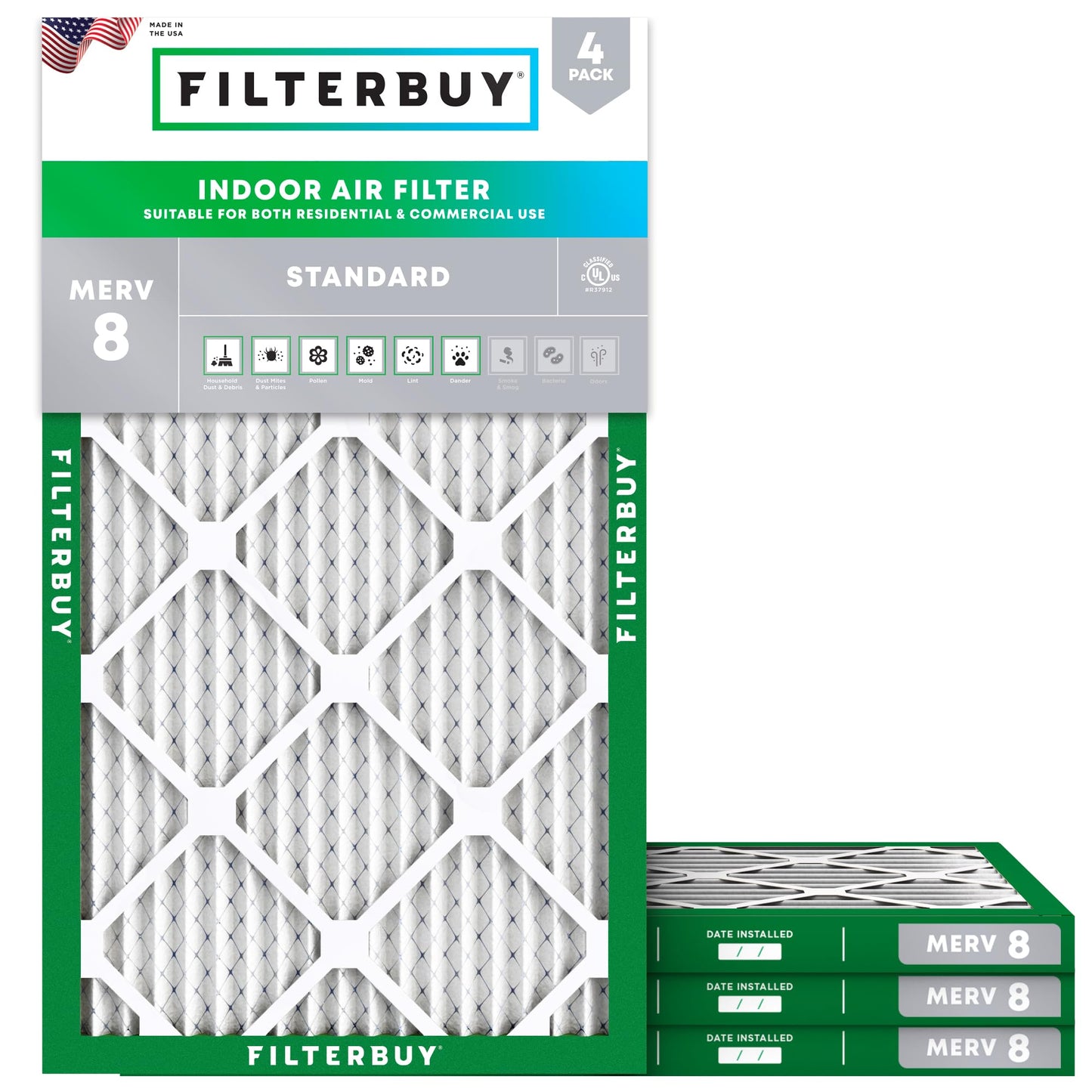 Filterbuy 16x25x1 Air Filter MERV 8 Essential Dust & Allergy Defense (4-Pack), Electrostatic Pleated HVAC AC Furnace Filters Replacement, Made in USA (Actual Size: 15.50 x 24.50 x 0.75)