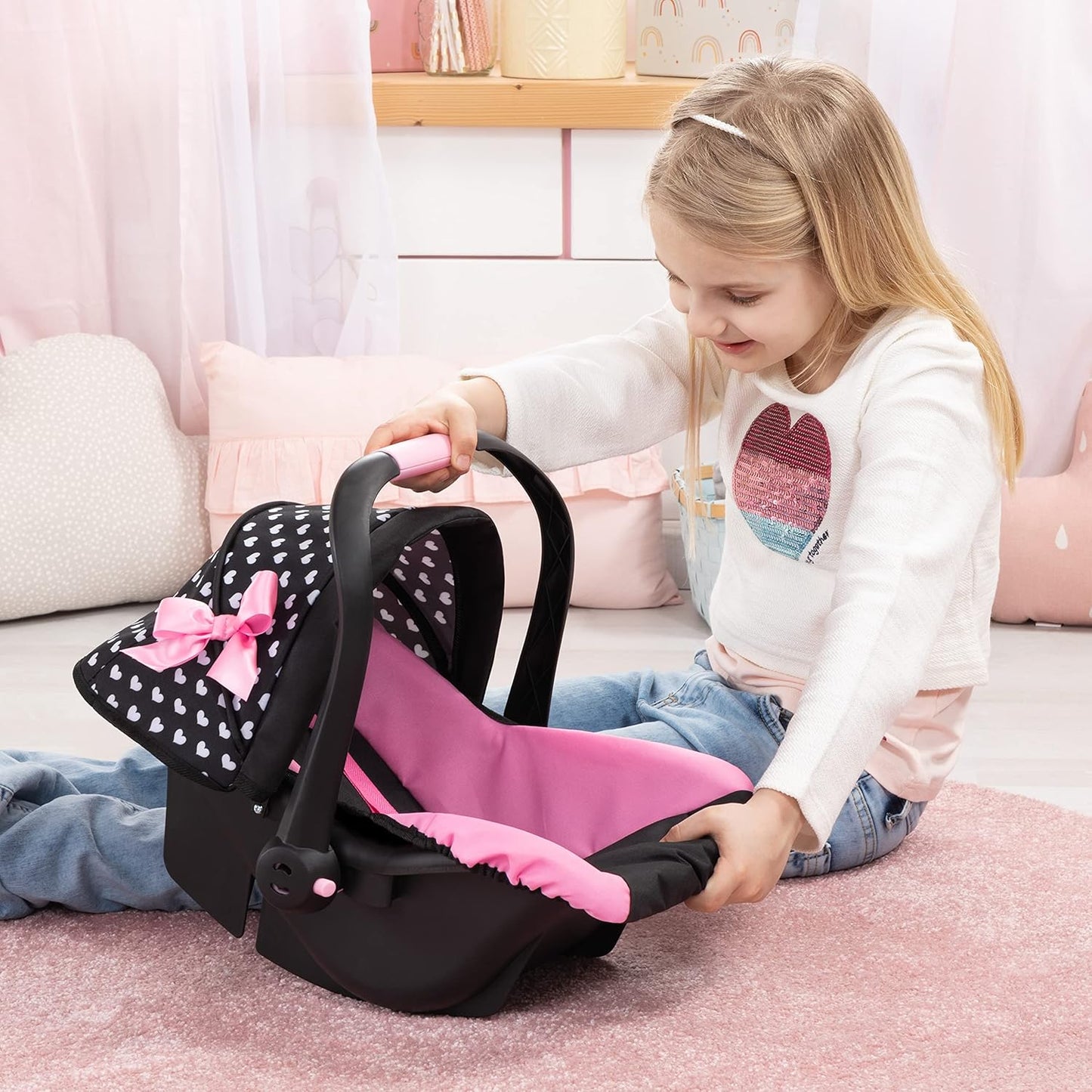 Bayer Design Dolls: Deluxe Car Seat: Hearts Black & Pink - Pretend Play Accessory for Dolls/Plushes Up to 18", Ages 3+, Large