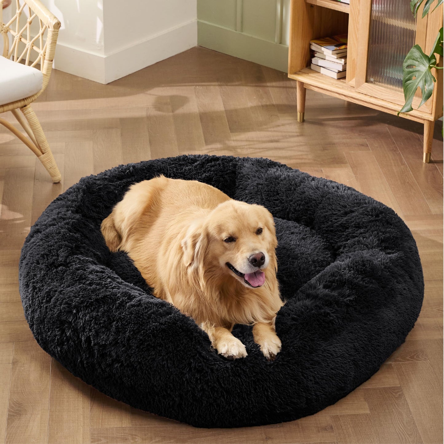 Bedsure Calming Dog Bed Medium Size Dog - Donut Washable Medium Pet Bed, 30 inches Anti-Slip Round Fluffy Plush Faux Fur Cat Bed, Fits up to 45 lbs Pets, Camel