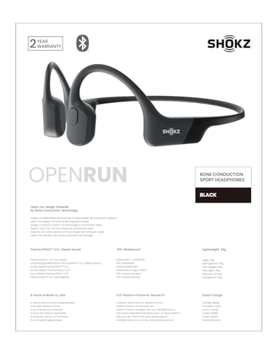SHOKZ OpenRun Bone Conduction Headphones,Open-Ear Bluetooth Wireless Sport Headphones for Running & Workout,Sweat Resistant, Long 8H Playtime,Mic,Hair Band-Standard-Black