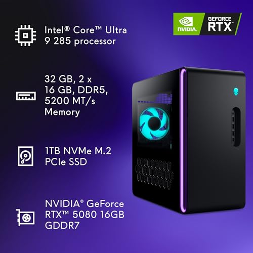 Alienware Aurora Gaming Desktop ACT1250 - Intel Core Ultra 7 265F, 32GB DDR5 RAM, 1TB SSD, NVIDIA GeForce RTX 5070, 1000W Platinum Rated PSU, Windows 11 Home, Clear Panel - Black