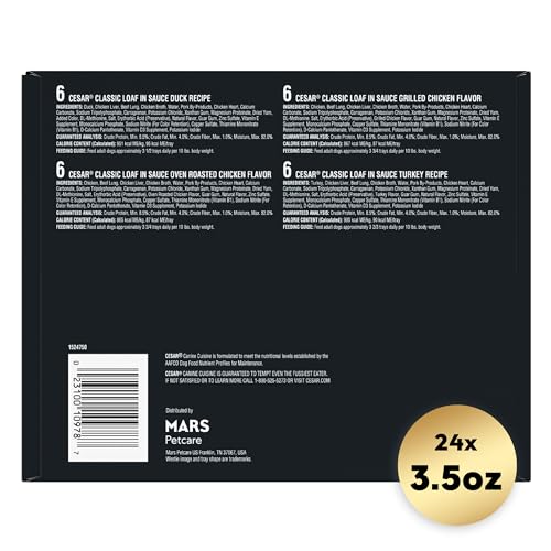 Cesar Wet Dog Food Classic Loaf in Sauce Grilled Chicken, Filet Mignon, Porterhouse Steak, Beef, Chicken & Liver and Turkey Variety Pack 3.5 oz. Easy Peel Trays (36 Count, Pack of 1)