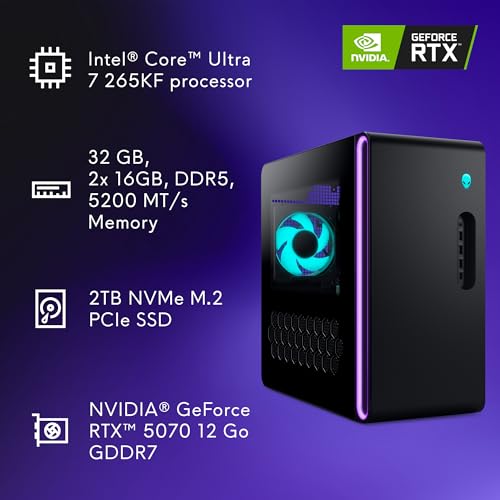 Alienware Aurora Gaming Desktop ACT1250 - Intel Core Ultra 7 265F, 32GB DDR5 RAM, 1TB SSD, NVIDIA GeForce RTX 5070, 1000W Platinum Rated PSU, Windows 11 Home, Clear Panel - Black