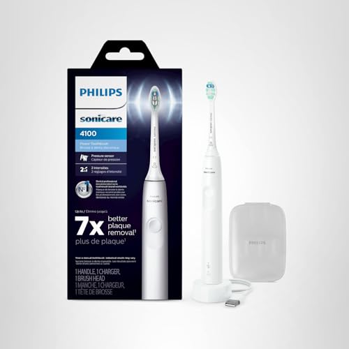 Philips Sonicare 4100 Rechargeable Electric Toothbrush, with Pressure Sensor, 2 Intensity Settings, SmarTimer and QuadPacer, 14-Day Battery Life, White, Model HX3681/23