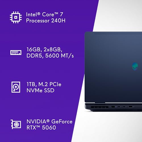 Alienware 16 Aurora Gaming Laptop AC16250-16" WQXGA 120Hz Display, Intel Core 7-240H Processor, 16GB DDR5 RAM, 1TB SSD, NVIDIA GeForce RTX 5050 8GB Graphics, Windows 11 Home, Onsite Service - Blue