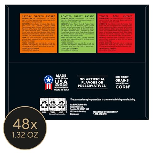 Sheba Perfect Portions Wet Cat Food Pate Savory Chicken Entree, Roasted Turkey Entree, and Tender Beef Entree Variety Pack, 2.6 oz. Twin Pack Trays (24 Count, 48 Servings)