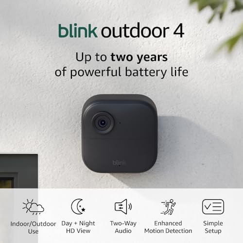 Blink Outdoor 4 – Wireless smart security camera, two-year battery life, 1080p HD day and infrared night live view, two-way talk. Sync Module Core included – 5 camera system