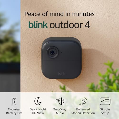 Blink Outdoor 4 – Wireless smart security camera, two-year battery life, 1080p HD day and infrared night live view, two-way talk. Sync Module Core included – 5 camera system