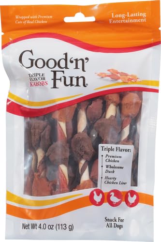 Good ‘n’ Fun Triple Flavor Kabobs Chews for All Dogs, 24 Ounces, Treat Your Dog to Chews Made from Beef Hide, Real Chicken, Pork Hide, Duck and Chicken Liver