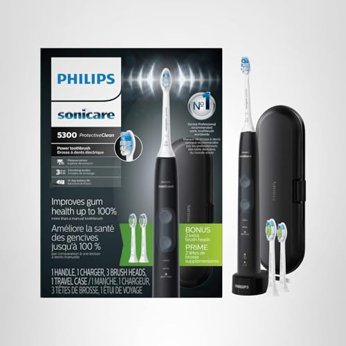 Philips Sonicare ProtectiveClean 5300 Rechargeable Electric Toothbrush, with Pressure Sensor, 3 Cleaning Modes, SmarTimer and QuadPacer, with 2 Bonus Brush Heads, Travel Case, Black, Model HX6423/34