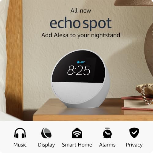 Amazon Echo Spot (newest model), Great for nightstands, offices and kitchens, Smart alarm clock with Alexa+ Early Access, Black