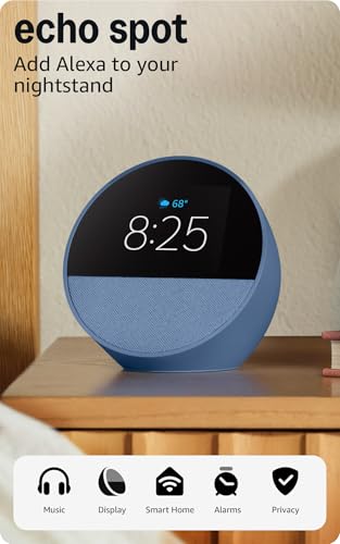 Amazon Echo Spot (newest model), Great for nightstands, offices and kitchens, Smart alarm clock with Alexa+ Early Access, Black