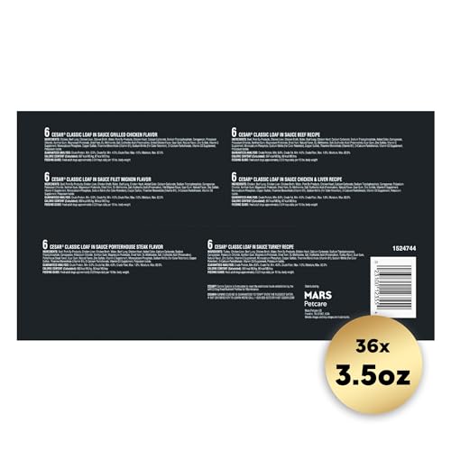 Cesar Wet Dog Food Classic Loaf in Sauce Grilled Chicken, Filet Mignon, Porterhouse Steak, Beef, Chicken & Liver and Turkey Variety Pack 3.5 oz. Easy Peel Trays (36 Count, Pack of 1)