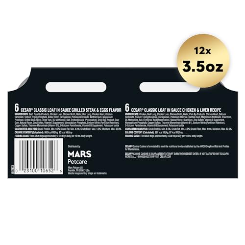 Cesar Wet Dog Food Classic Loaf in Sauce Grilled Chicken, Filet Mignon, Porterhouse Steak, Beef, Chicken & Liver and Turkey Variety Pack 3.5 oz. Easy Peel Trays (36 Count, Pack of 1)
