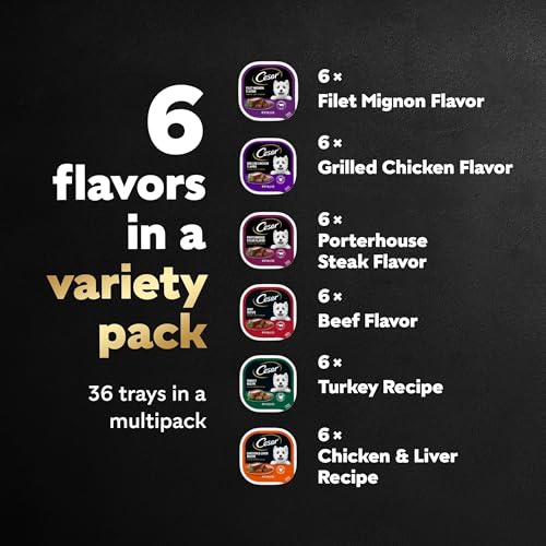 Cesar Wet Dog Food Classic Loaf in Sauce Grilled Chicken, Filet Mignon, Porterhouse Steak, Beef, Chicken & Liver and Turkey Variety Pack 3.5 oz. Easy Peel Trays (36 Count, Pack of 1)