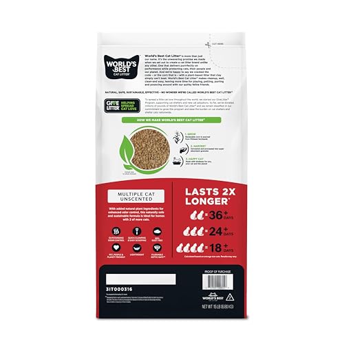 WORLD'S BEST CAT LITTER Multiple Cat Unscented, 15-Pounds - Natural Ingredients, Quick Clumping, Flushable, 99% Dust Free & Made in USA - Long-Lasting Odor Control & Easy Scooping