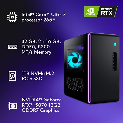 Alienware Aurora Gaming Desktop ACT1250 - Intel Core Ultra 7 265F, 32GB DDR5 RAM, 1TB SSD, NVIDIA GeForce RTX 5070, 1000W Platinum Rated PSU, Windows 11 Home, Clear Panel - Black