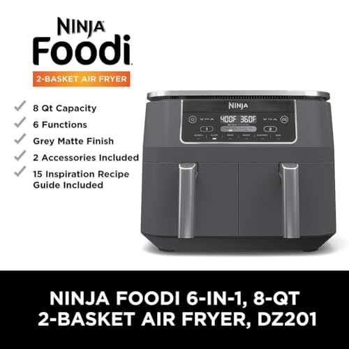 Ninja DZ401 Foodi 10 Quart 6-in-1 DualZone XL 2-Basket Air Fryer with 2 Independent Frying Baskets, Match Cook & Smart Finish to Roast, Broil, Dehydrate for Quick, Easy Family-Sized Meals, Grey
