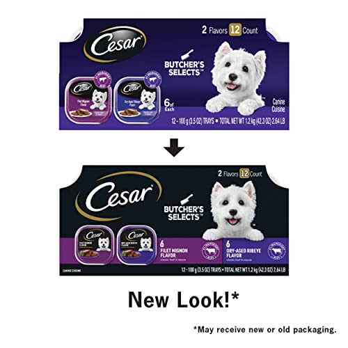 Cesar Wet Dog Food Classic Loaf in Sauce Grilled Chicken, Filet Mignon, Porterhouse Steak, Beef, Chicken & Liver and Turkey Variety Pack 3.5 oz. Easy Peel Trays (36 Count, Pack of 1)