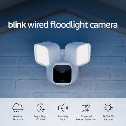 Blink Wired Floodlight Camera, Smart security camera, 2600 lumens, HD live view, enhanced motion detection, built-in siren, Works with Alexa, 1 camera (White)