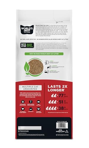 WORLD'S BEST CAT LITTER Multiple Cat Unscented, 15-Pounds - Natural Ingredients, Quick Clumping, Flushable, 99% Dust Free & Made in USA - Long-Lasting Odor Control & Easy Scooping