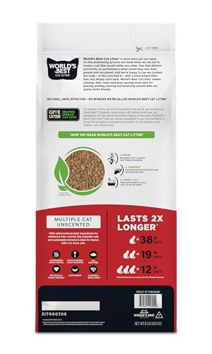 WORLD'S BEST CAT LITTER Multiple Cat Unscented, 15-Pounds - Natural Ingredients, Quick Clumping, Flushable, 99% Dust Free & Made in USA - Long-Lasting Odor Control & Easy Scooping