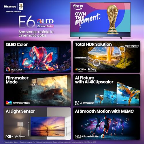 Hisense 75" E6 Cinema Series QLED 4K UHD Smart Fire TV (75E6QF, 2025 Model) - QLED, AI Light Sensor, Dolby Vision · Atmos, Voice Remote with Alexa, Motion Rate 120, HDR 10+ Adaptive, Game Mode Plus