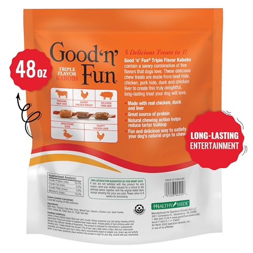Good ‘n’ Fun Triple Flavor Kabobs Chews for All Dogs, 24 Ounces, Treat Your Dog to Chews Made from Beef Hide, Real Chicken, Pork Hide, Duck and Chicken Liver
