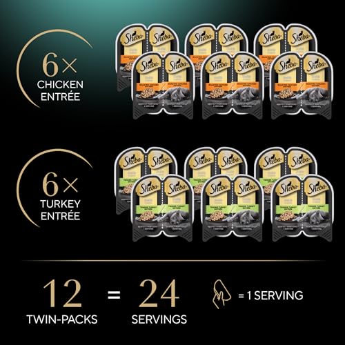 Sheba Perfect Portions Wet Cat Food Cuts in Gravy, Roasted Chicken Entree, with Sustainable Salmon, Tender Turkey Entree, 2.6 oz. Twin-Pack Trays (24 Count, 48 Servings)