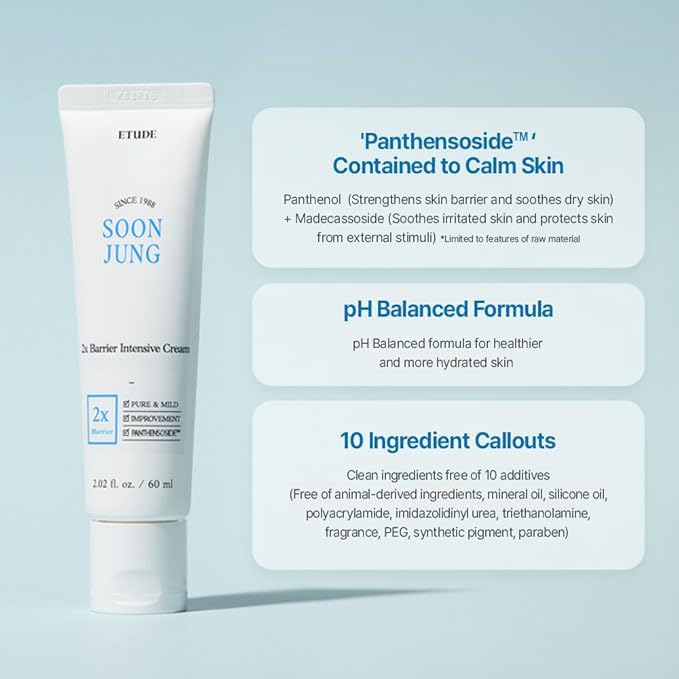 ETUDE SoonJung 2x Barrier Intensive Cream Rich Moisture | Korean Face Moisturizer for Sensitive Skin, Day & Night Cream, Shea Butter-Infused Barrier Cream with Panthenol (2.02 fl oz)