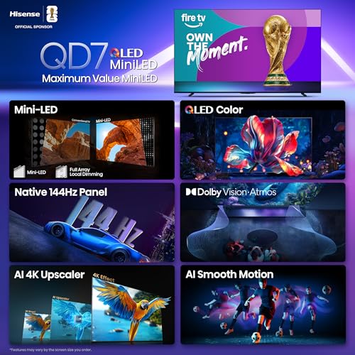 Hisense 85" Class QD7 Series Mini-LED 4K UHD Smart Fire TV (85QD7QF, 2025 Model) - QLED, Native 144hz, HDR10+, Dolby Vision, Dolby Atmos, Game Mode Pro, ALLM, Alexa Built in with Voice Remote, MEMC