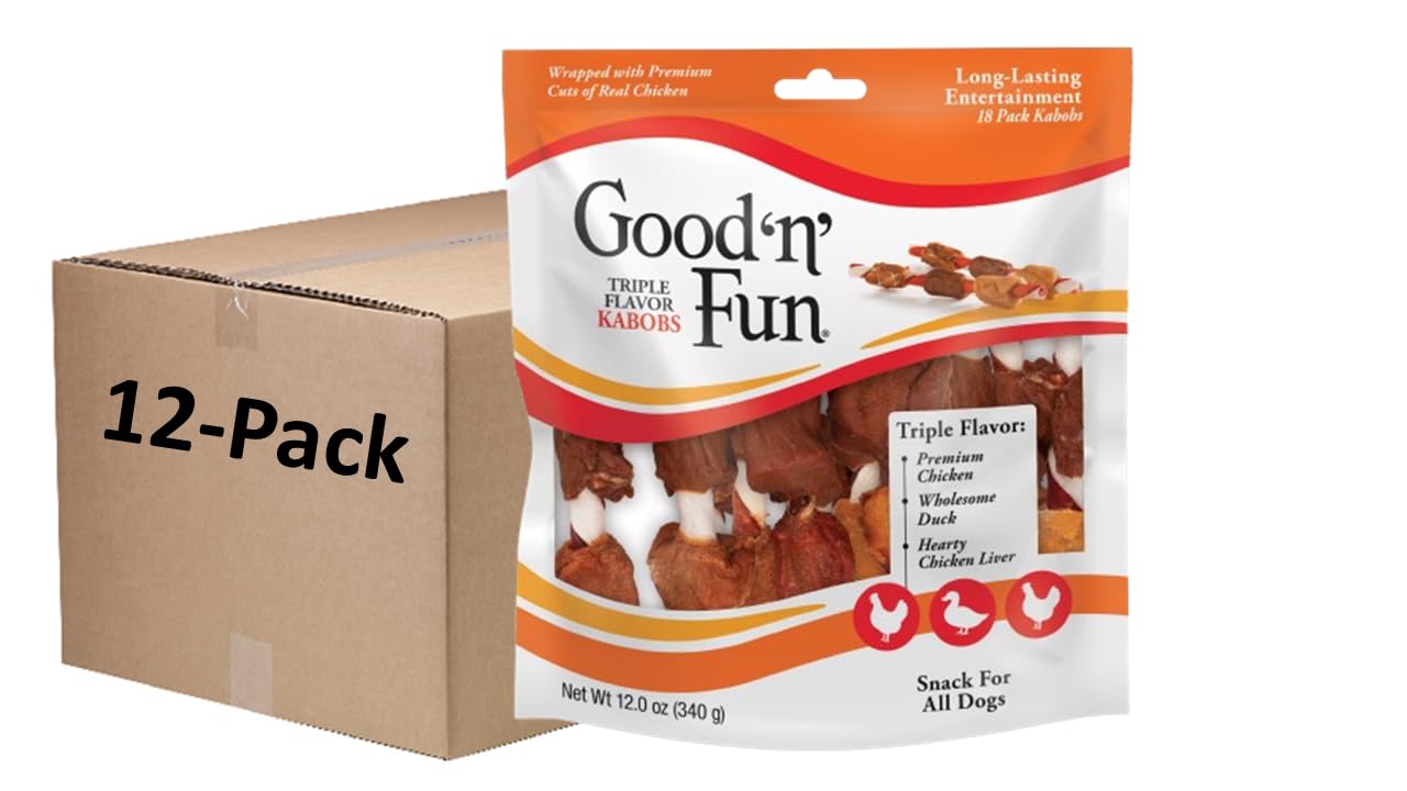 Good ‘n’ Fun Triple Flavor Kabobs Chews for All Dogs, 24 Ounces, Treat Your Dog to Chews Made from Beef Hide, Real Chicken, Pork Hide, Duck and Chicken Liver