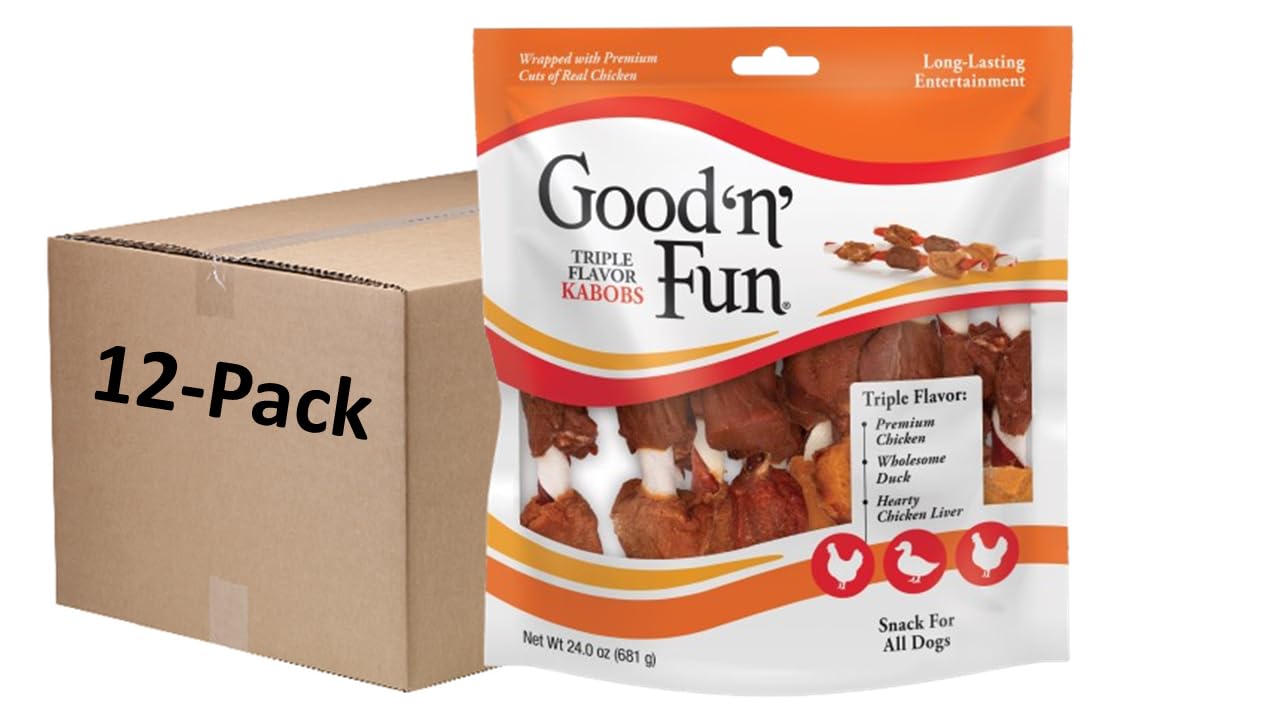 Good ‘n’ Fun Triple Flavor Kabobs Chews for All Dogs, 24 Ounces, Treat Your Dog to Chews Made from Beef Hide, Real Chicken, Pork Hide, Duck and Chicken Liver