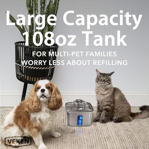 Veken Innovation Award Winner Stainless Steel Cat Water Fountain, 95oz/2.8L Automatic Pet Fountain Dog Water Dispenser with Replacement Filters & Silicone Mat, Gifts for Christmas, Cats, Dogs (Silver)