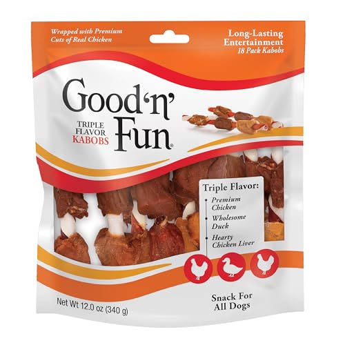 Good ‘n’ Fun Triple Flavor Kabobs Chews for All Dogs, 24 Ounces, Treat Your Dog to Chews Made from Beef Hide, Real Chicken, Pork Hide, Duck and Chicken Liver