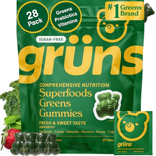 Gruns Adults Super Greens Multivitamin Gummies, Superfood Vitamin Gummy Bears with Spirulina, Chlorella, Prebiotic Fiber for Digestive Health, Adaptogens Supplement, 20 Vitamins & Minerals, 28 Count