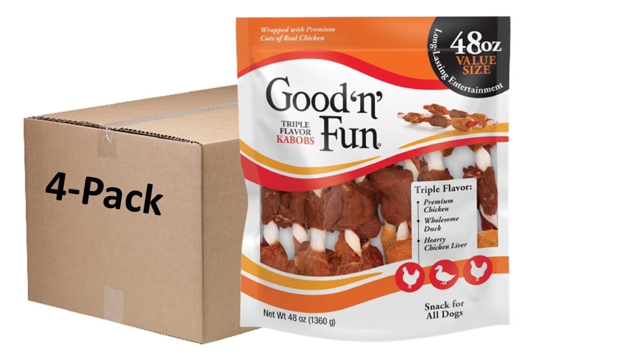 Good ‘n’ Fun Triple Flavor Kabobs Chews for All Dogs, 24 Ounces, Treat Your Dog to Chews Made from Beef Hide, Real Chicken, Pork Hide, Duck and Chicken Liver